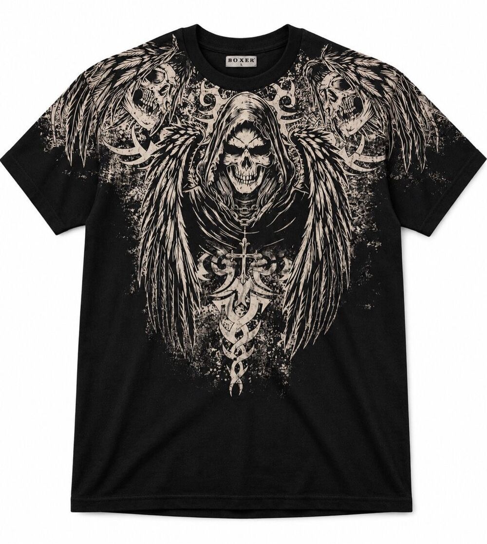BOXSET Men’s Y2K Grim Reaper Skull Winged Cross Black Graphic T-Shirt Size Large